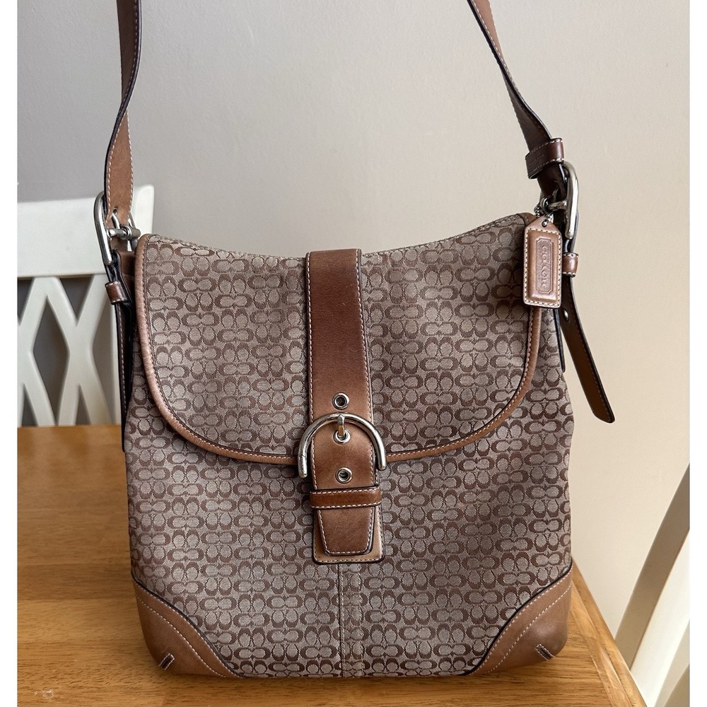 Y2K Coach Soho Signature Jacquard Flap Crossbody Bag Brown Canvas Leather READ - Picture 2 of 16